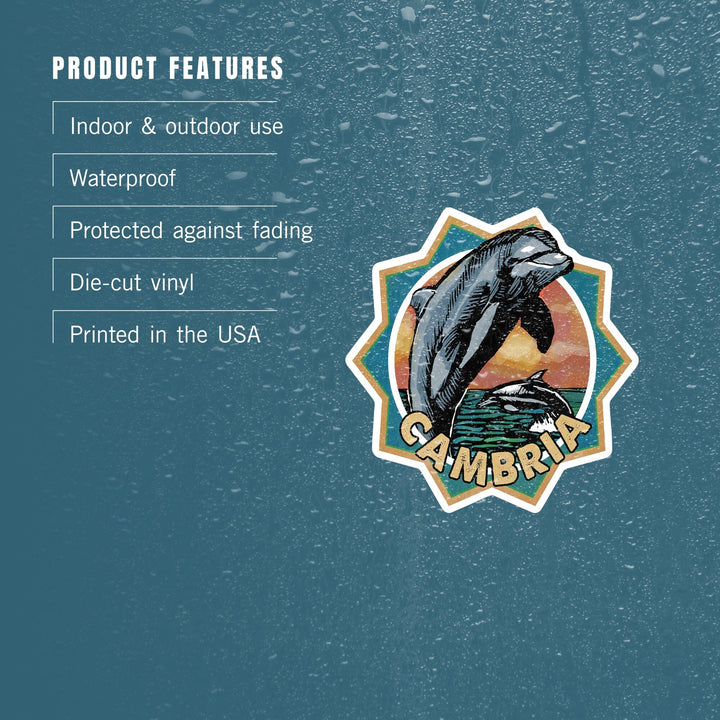 Cambria, California, Dolphin, Scratchboard, Contour, Vinyl Sticker Sticker Lantern Press 