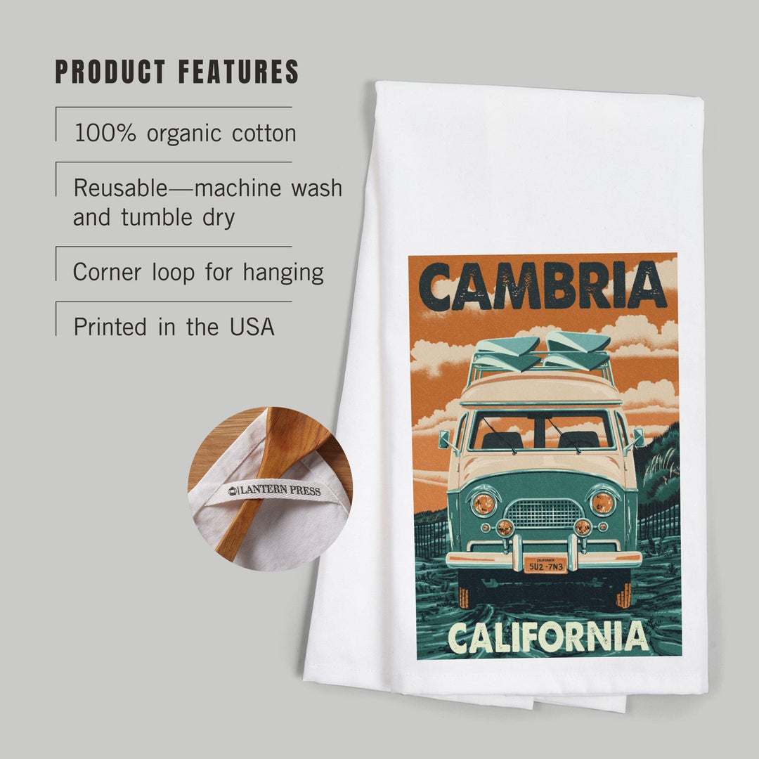 Cambria, California, Letterpress, Camper Van, Organic Cotton Kitchen Tea Towels - Lantern Press