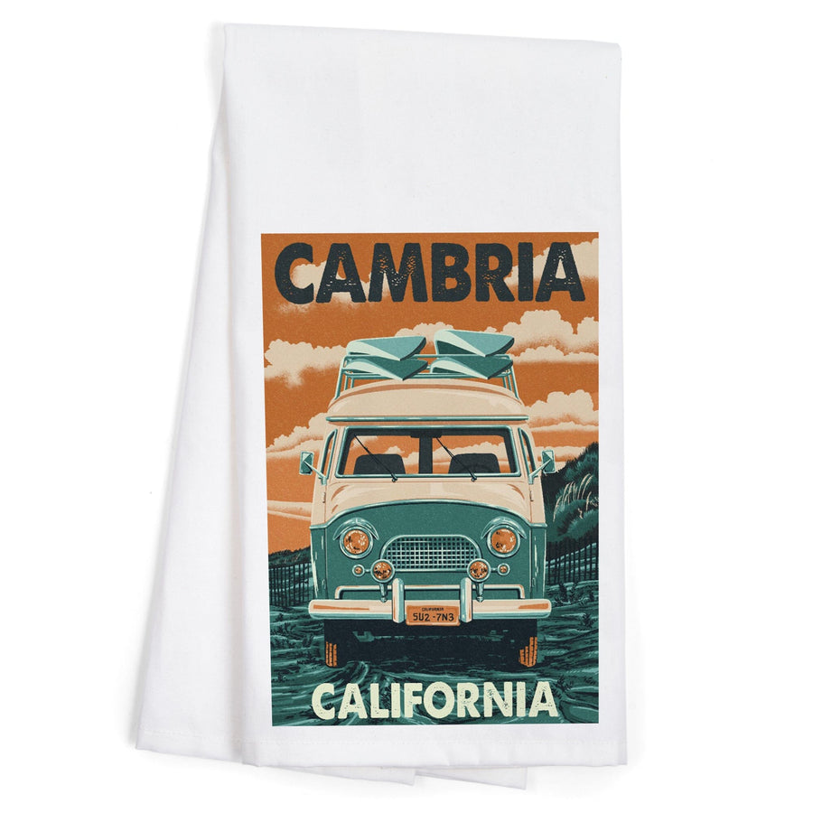 Cambria, California, Letterpress, Camper Van, Organic Cotton Kitchen Tea Towels - Lantern Press