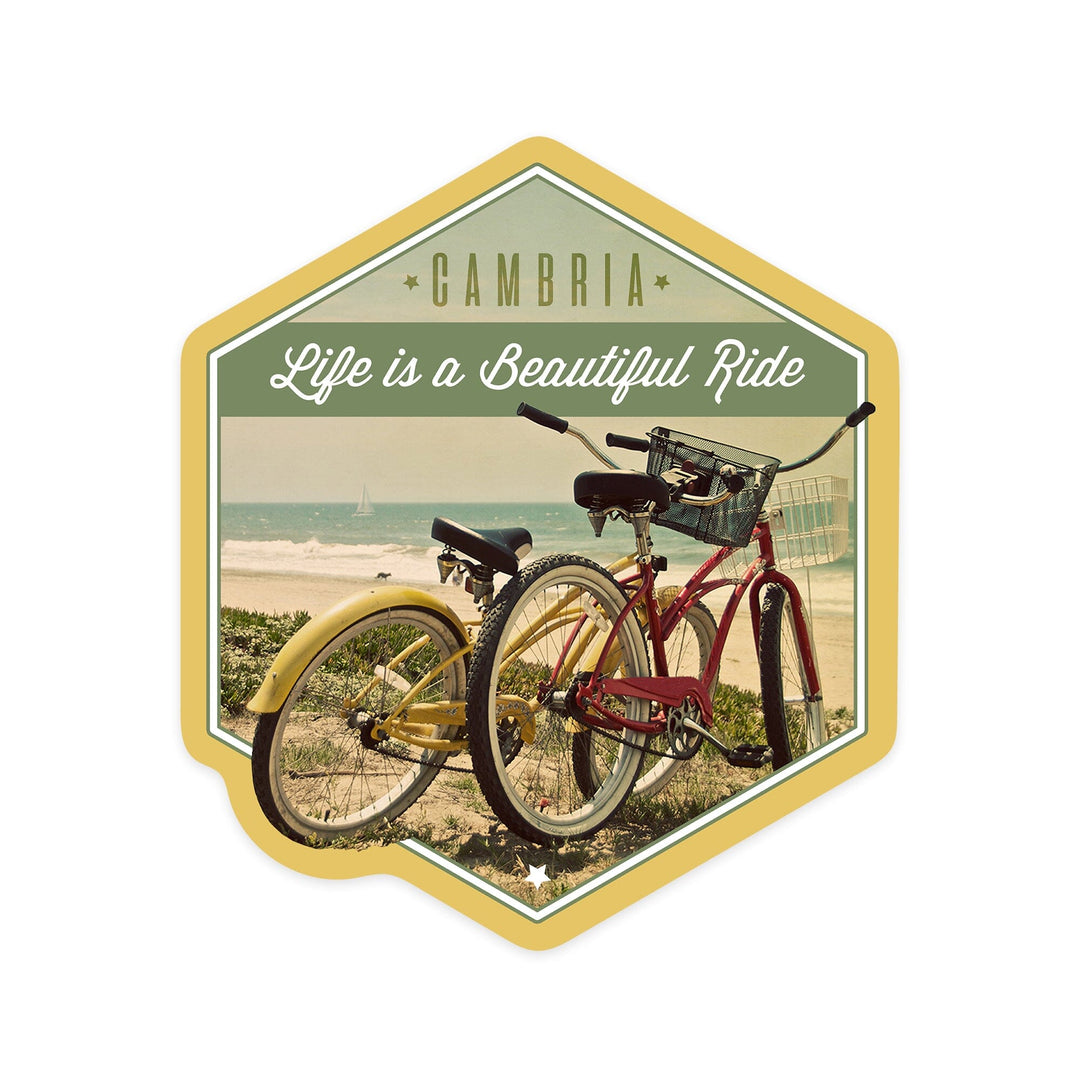 Cambria, California, Life is a Beautiful Ride, Bicycles and Beach Scene, Contour, Vinyl Sticker - Lantern Press