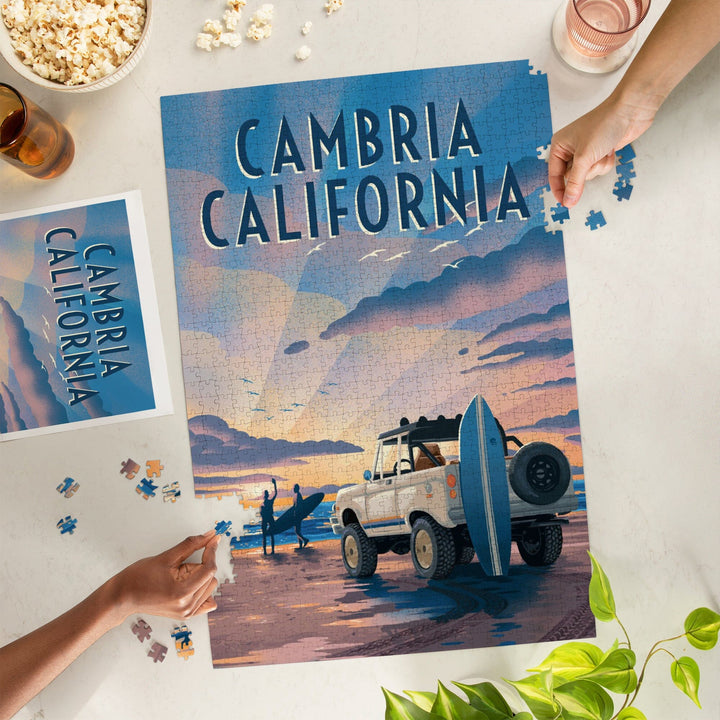 Cambria, California, Lithograph, Surfers on Beach, Jigsaw Puzzle Puzzle Lantern Press 