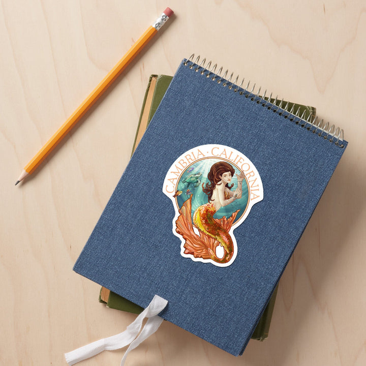 Cambria, California, Mermaid, Contour, Vinyl Sticker - Lantern Press