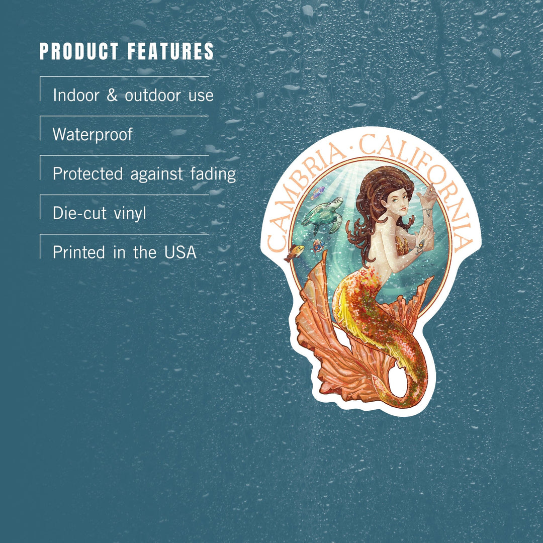 Cambria, California, Mermaid, Contour, Vinyl Sticker - Lantern Press