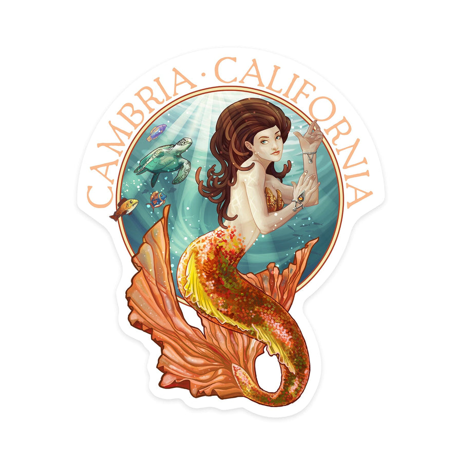 Cambria, California, Mermaid, Contour, Vinyl Sticker - Lantern Press