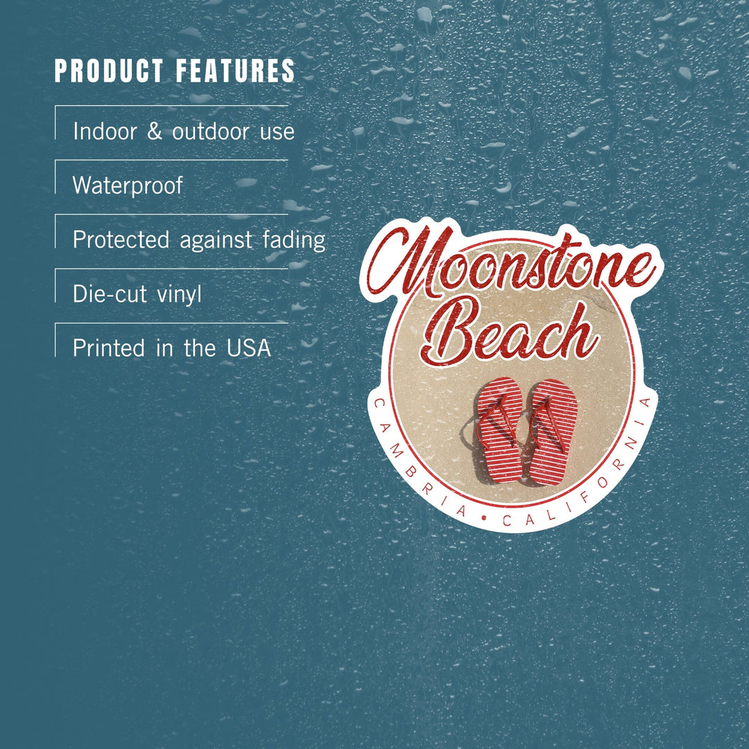 Cambria, California, Moonstone Beach, Red Flip Flops in Sand, Contour, Vinyl Sticker - Lantern Press