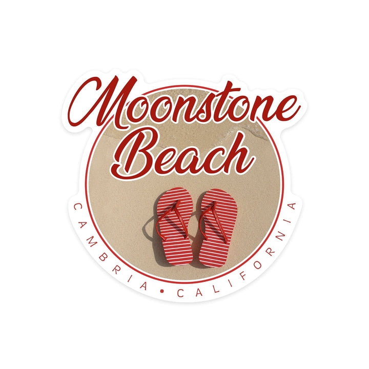 Cambria, California, Moonstone Beach, Red Flip Flops in Sand, Contour, Vinyl Sticker - Lantern Press