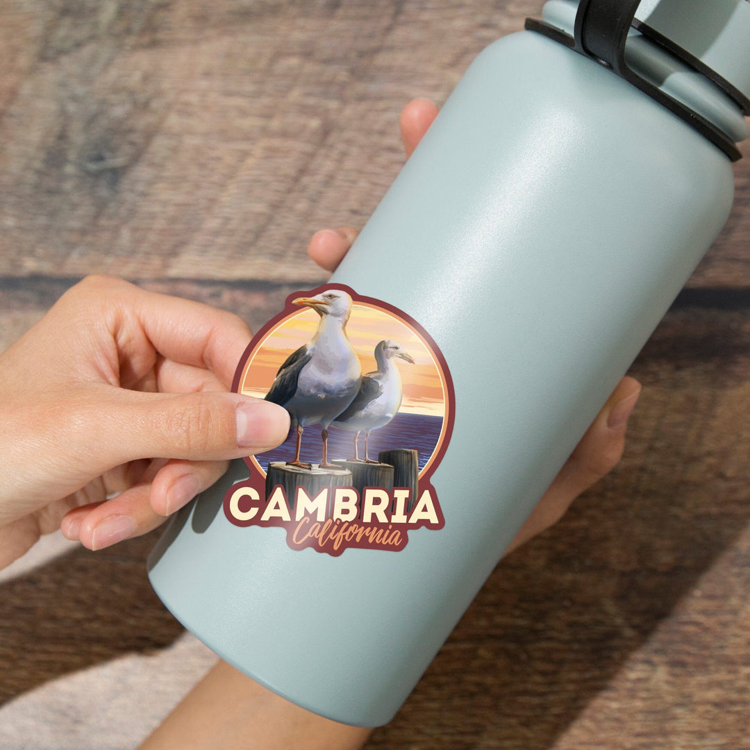 Cambria, California, Seagulls on Pier, Contour, Vinyl Sticker - Lantern Press