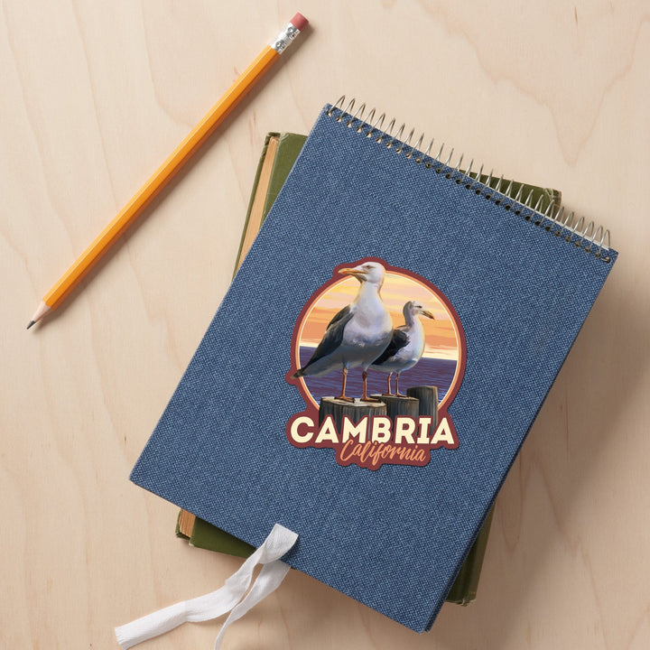 Cambria, California, Seagulls on Pier, Contour, Vinyl Sticker - Lantern Press