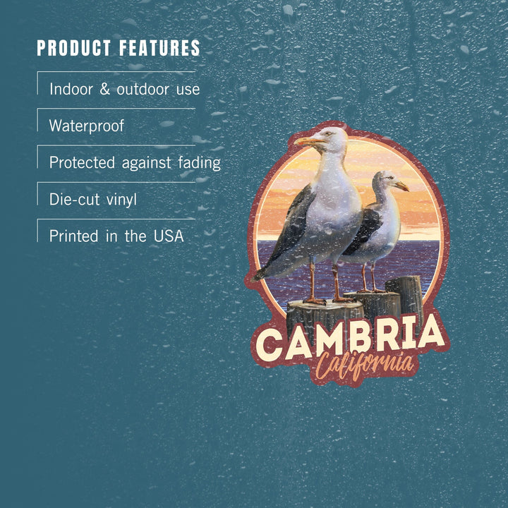 Cambria, California, Seagulls on Pier, Contour, Vinyl Sticker - Lantern Press