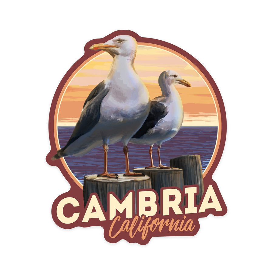 Cambria, California, Seagulls on Pier, Contour, Vinyl Sticker - Lantern Press