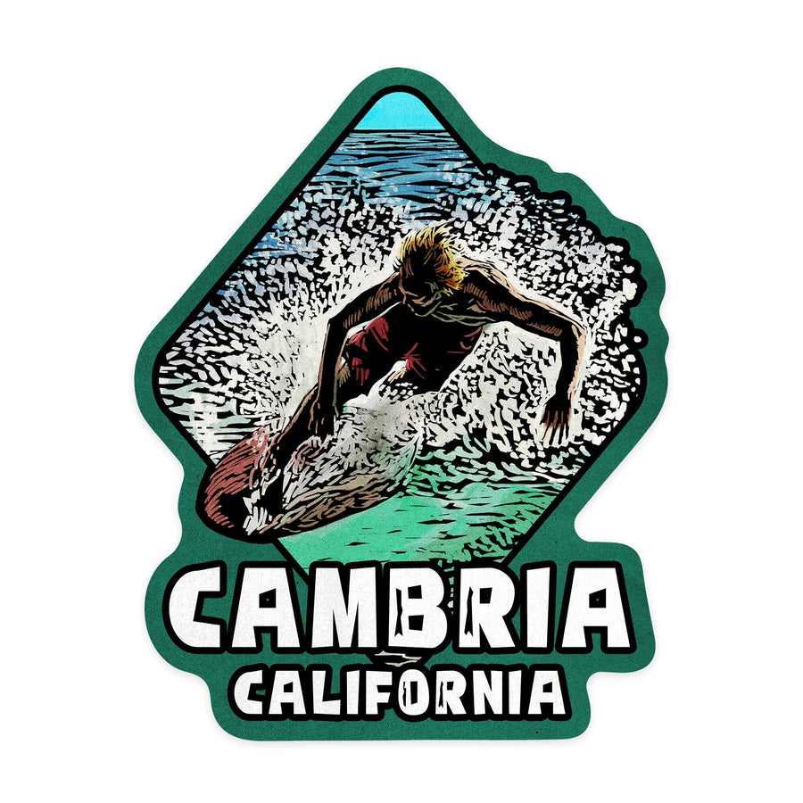 Cambria, California, Skimboarder, Scratchboard, Contour, Vinyl Sticker - Lantern Press