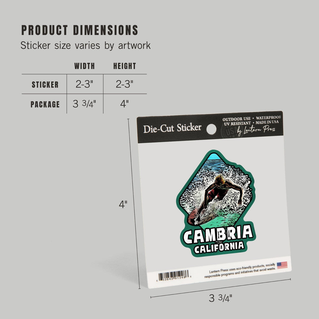 Cambria, California, Skimboarder, Scratchboard, Contour, Vinyl Sticker - Lantern Press