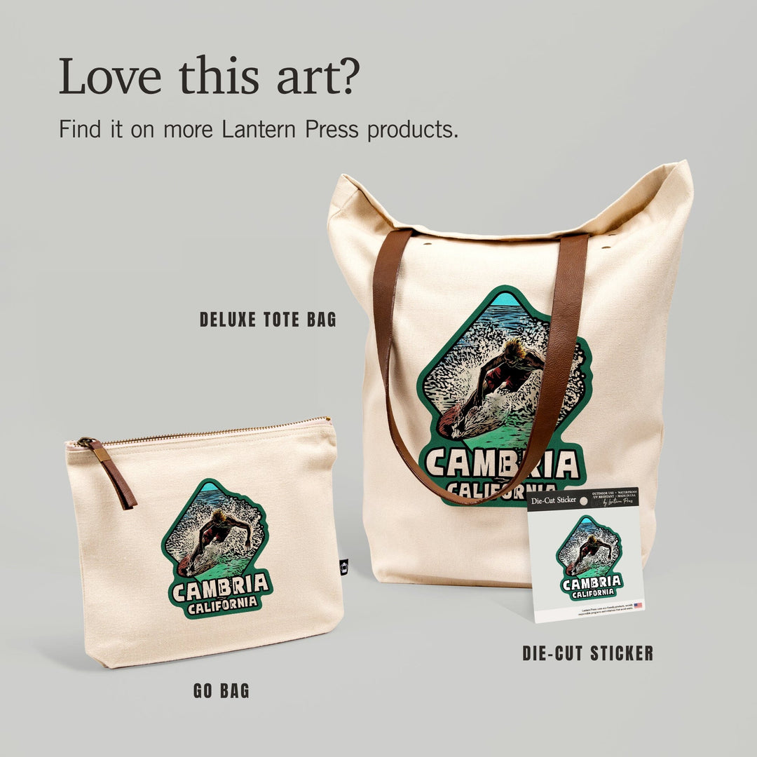 Cambria, California, Skimboarder, Scratchboard, Contour, Vinyl Sticker - Lantern Press