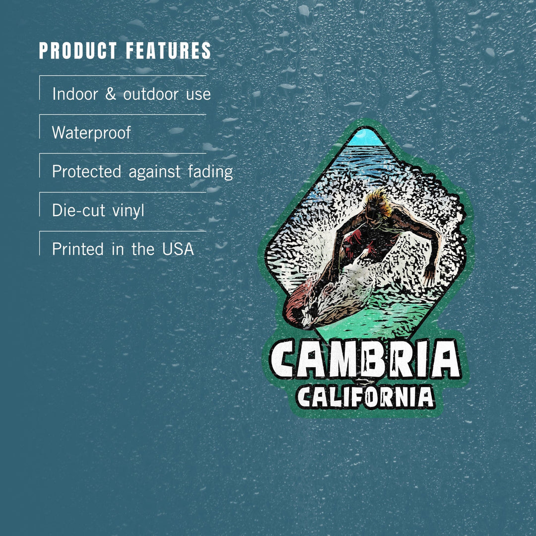 Cambria, California, Skimboarder, Scratchboard, Contour, Vinyl Sticker - Lantern Press