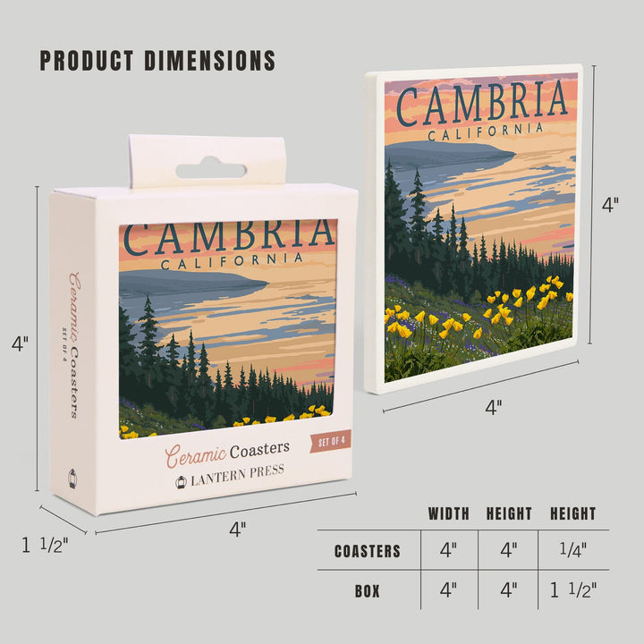 Cambria, California, Spring Flowers, Poppies, Lantern Press Artwork, Coaster Set - Lantern Press