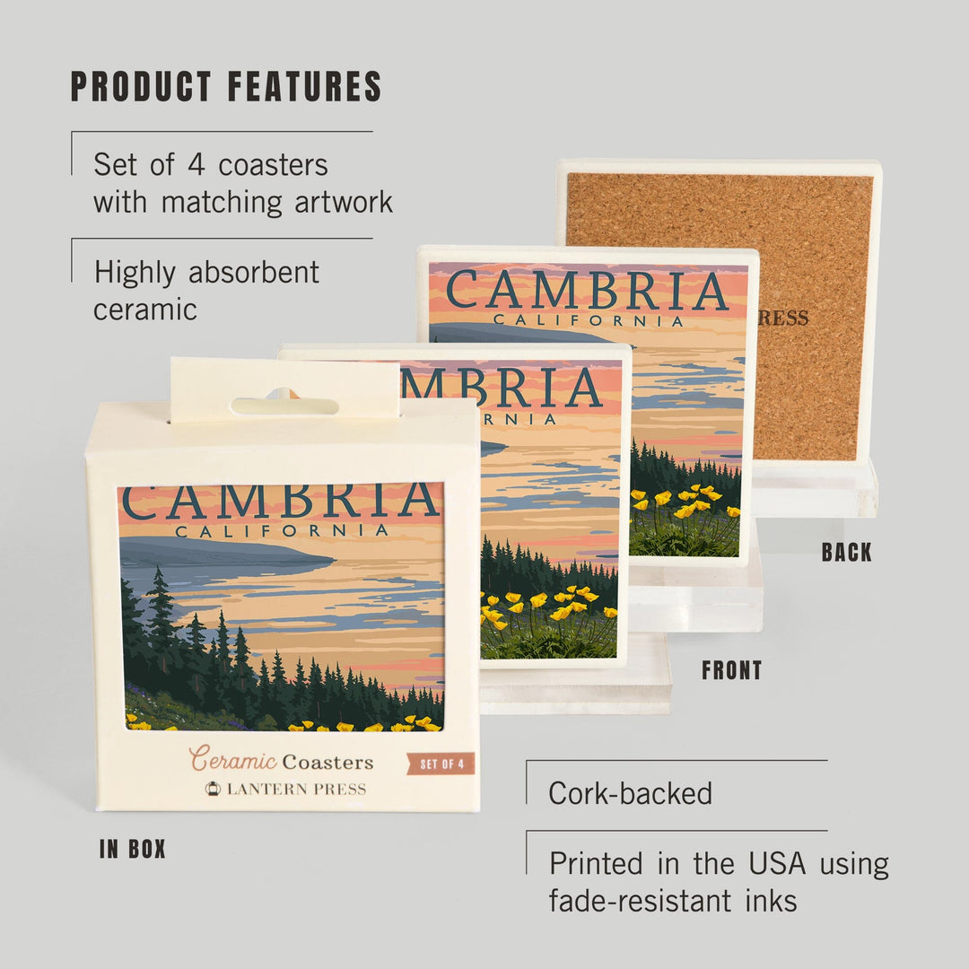 Cambria, California, Spring Flowers, Poppies, Lantern Press Artwork, Coaster Set - Lantern Press