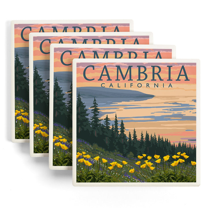 Cambria, California, Spring Flowers, Poppies, Lantern Press Artwork, Coaster Set - Lantern Press