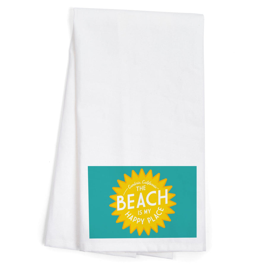 Cambria, California, The Beach is My Happy Place, Contour, Organic Cotton Kitchen Tea Towels Kitchen Lantern Press 