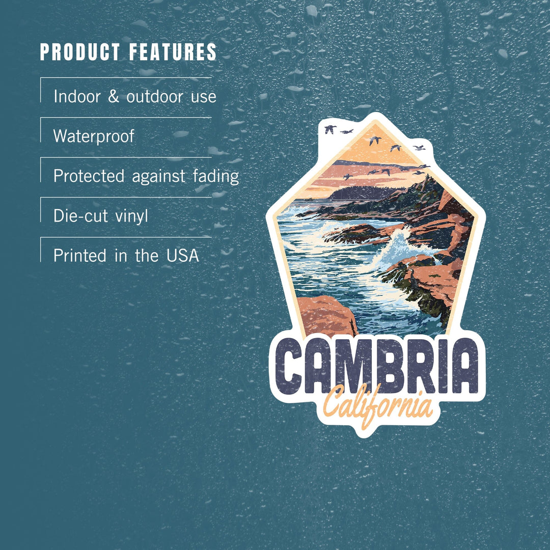 Cambria, California, Waves Crashing on Rocks, Contour, Vinyl Sticker - Lantern Press