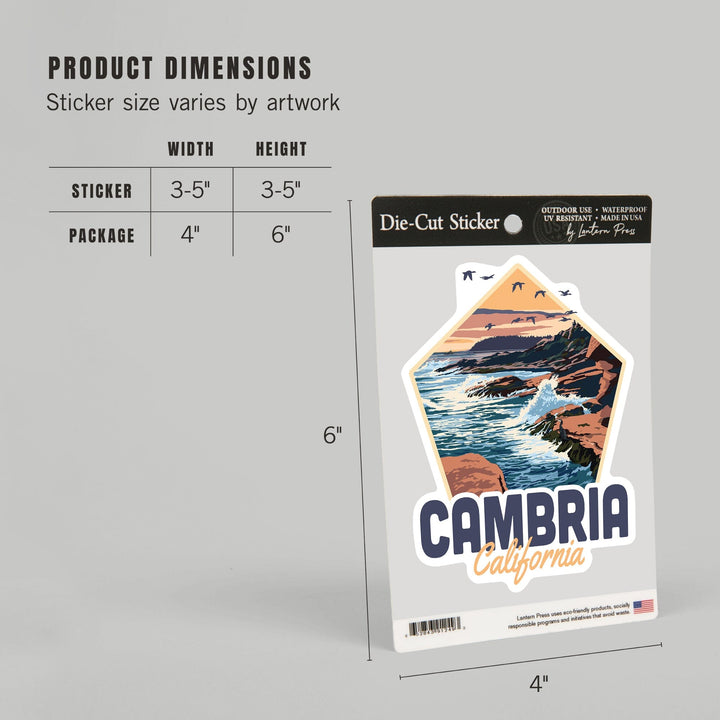 Cambria, California, Waves Crashing on Rocks, Contour, Vinyl Sticker - Lantern Press