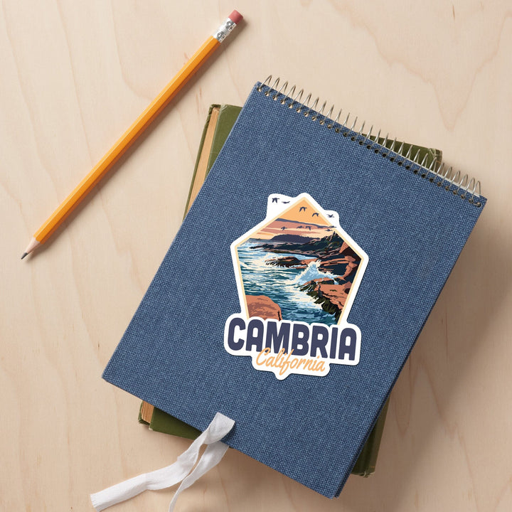 Cambria, California, Waves Crashing on Rocks, Contour, Vinyl Sticker - Lantern Press