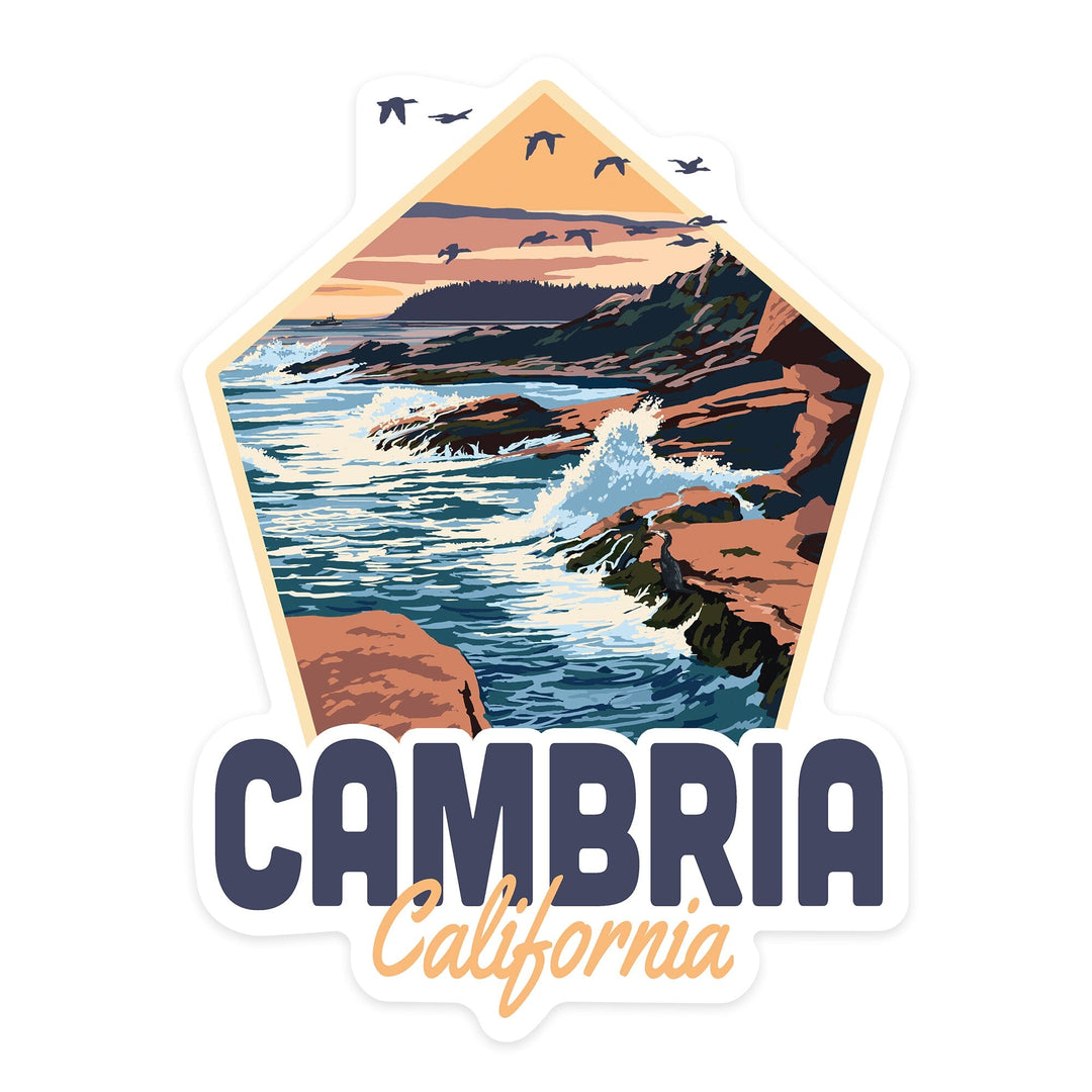 Cambria, California, Waves Crashing on Rocks, Contour, Vinyl Sticker - Lantern Press