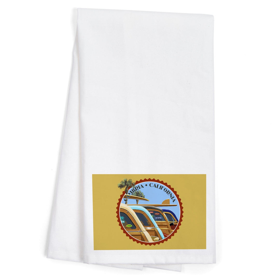 Cambria, California, Woodies Lined Up, Contour, Organic Cotton Kitchen Tea Towels - Lantern Press