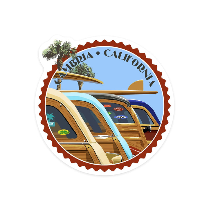 Cambria, California, Woodies Lined Up, Contour, Vinyl Sticker - Lantern Press