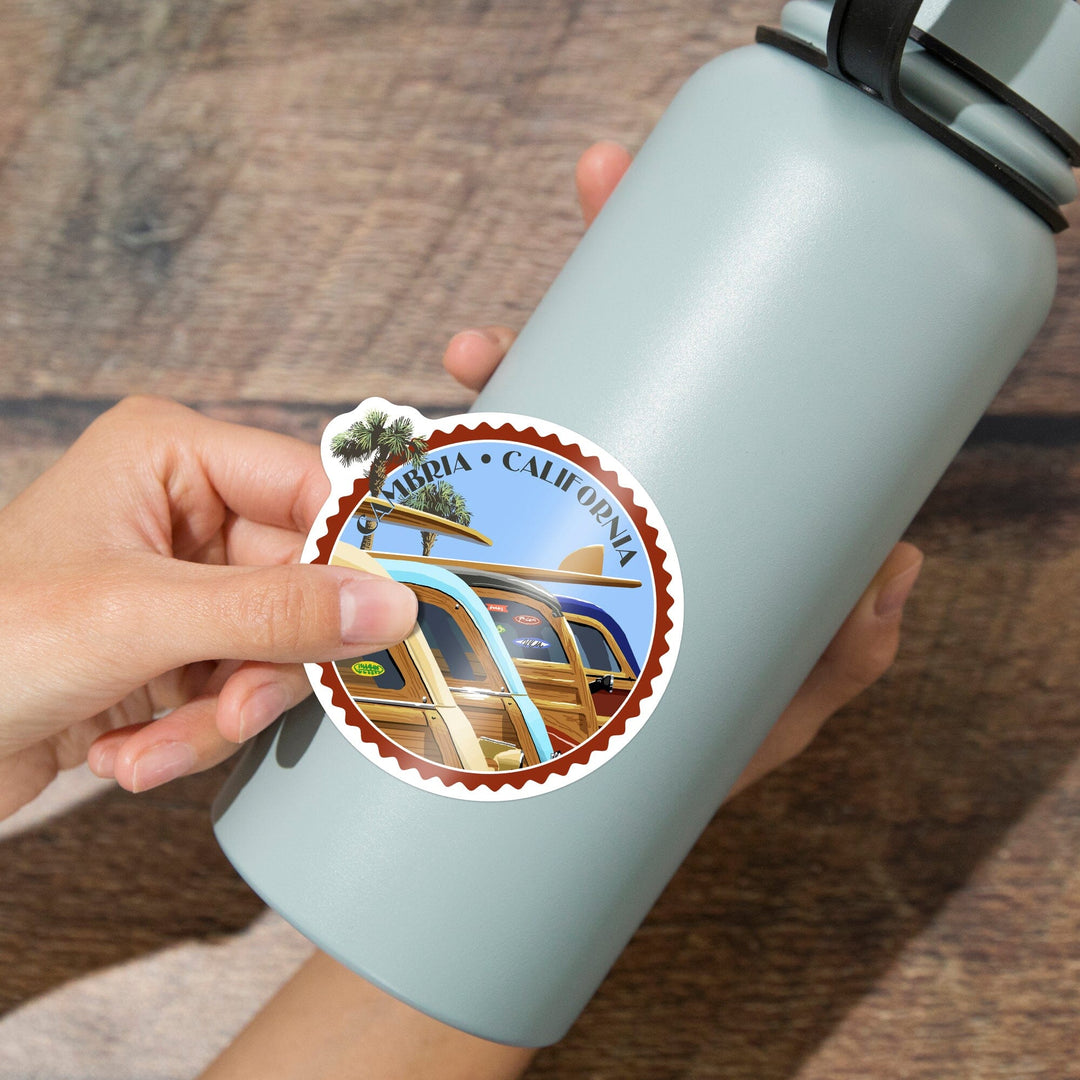 Cambria, California, Woodies Lined Up, Contour, Vinyl Sticker - Lantern Press