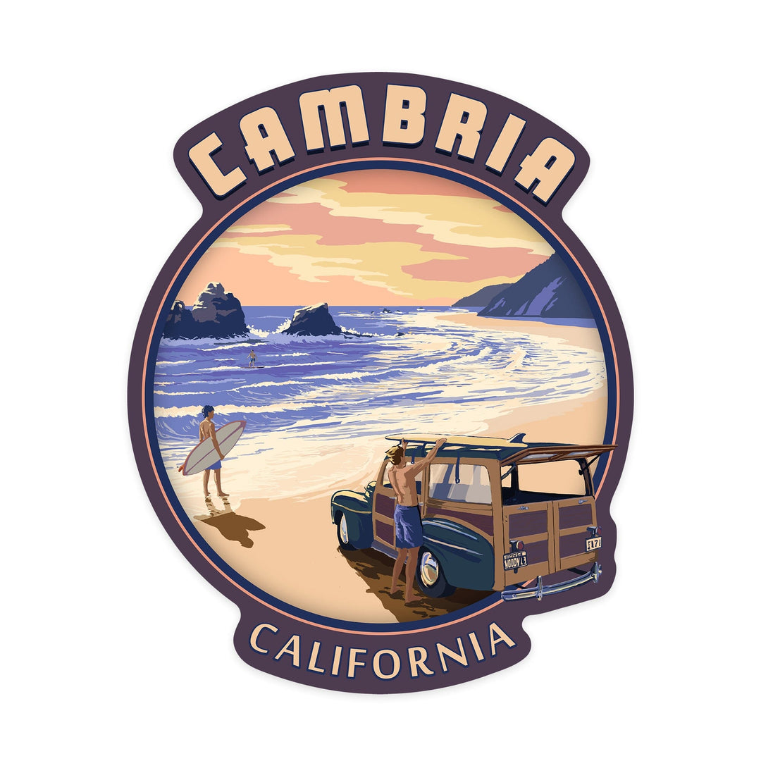 Cambria, California, Woody on Beach, Contour, Lantern Press Artwork, Vinyl Sticker Sticker Lantern Press 