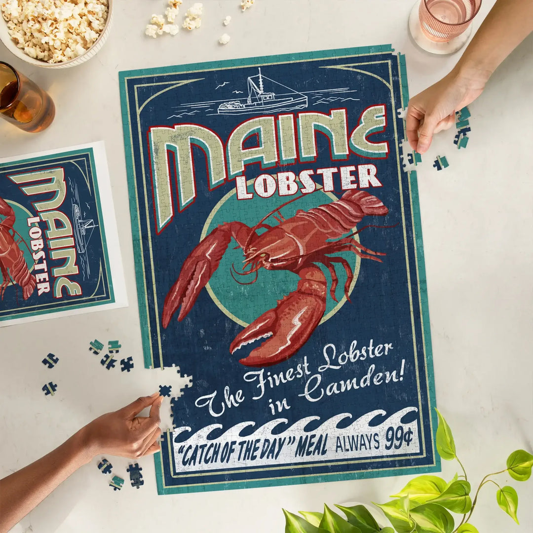 Camden, Maine, Lobster Vintage Sign, Jigsaw Puzzle Puzzle Lantern Press 
