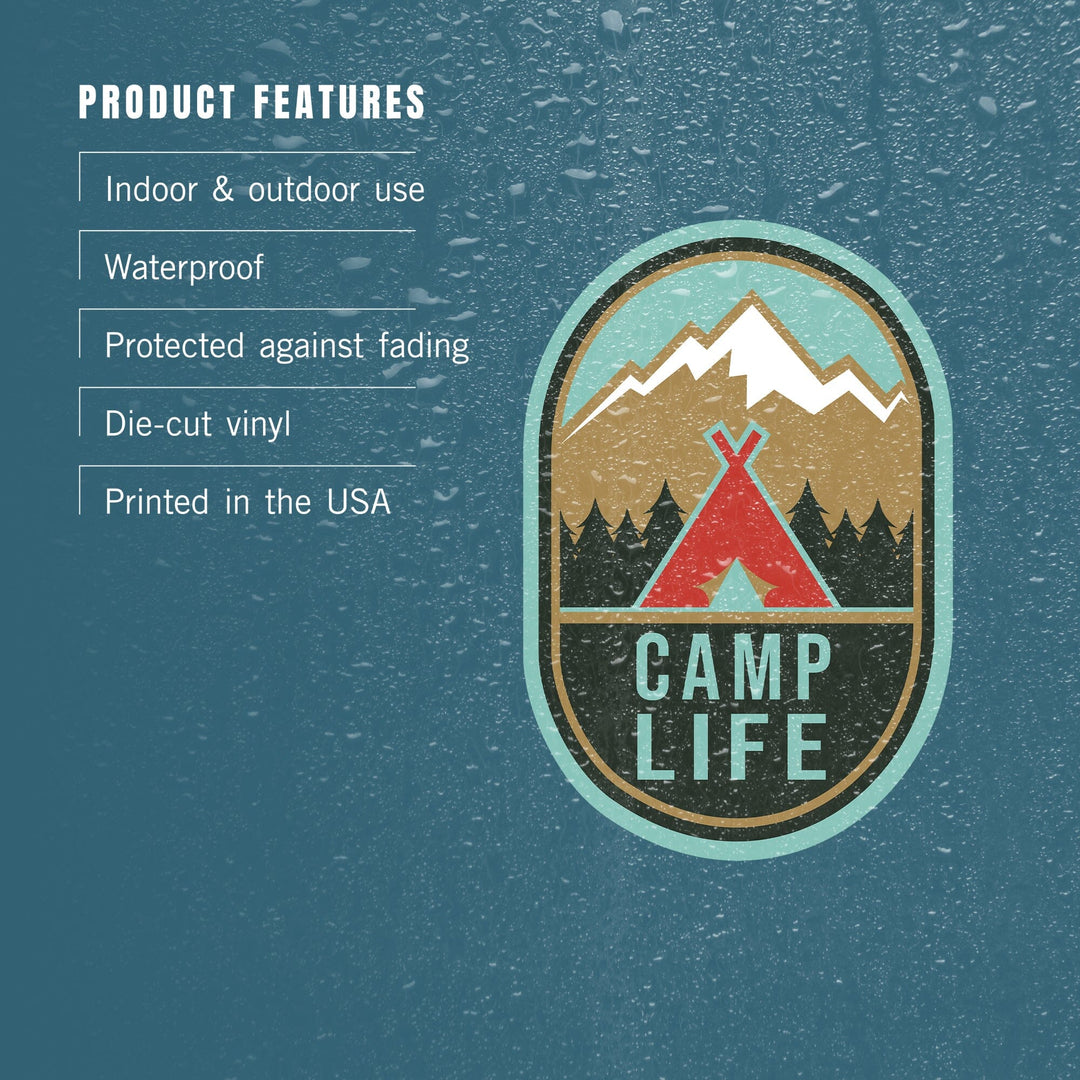 Camp Life, Tent & Mountains, Contour, Lantern Press Artwork, Vinyl Sticker Sticker Lantern Press 