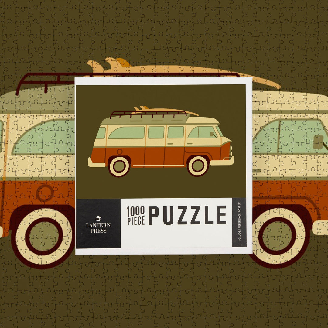 Camper Van with Surfboard, Geometric, Jigsaw Puzzle Puzzle Lantern Press 