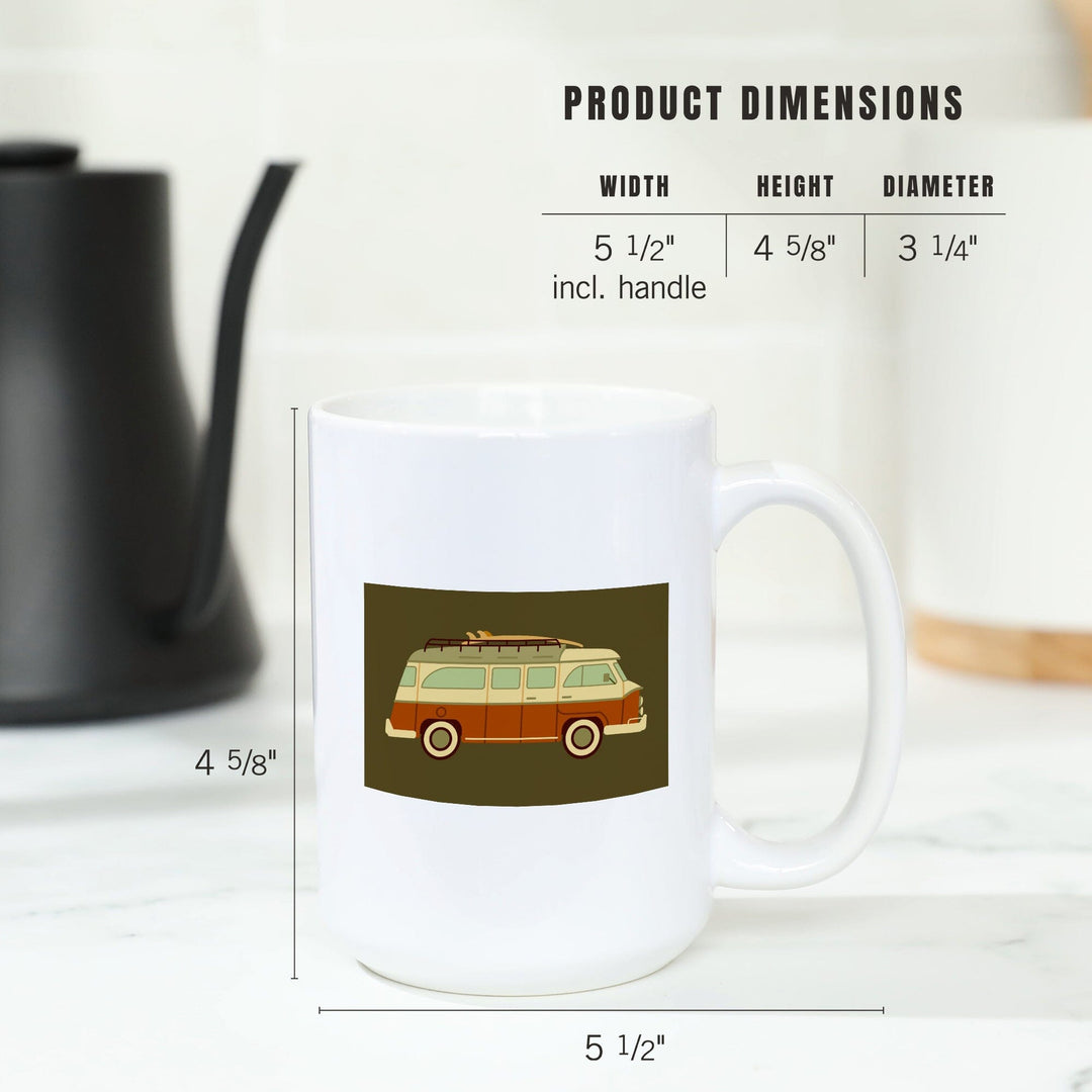 Camper Van with Surfboard, Geometric, Lantern Press Artwork, Ceramic Mug Mugs Lantern Press 