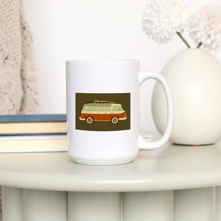 Camper Van with Surfboard, Geometric, Lantern Press Artwork, Ceramic Mug Mugs Lantern Press 