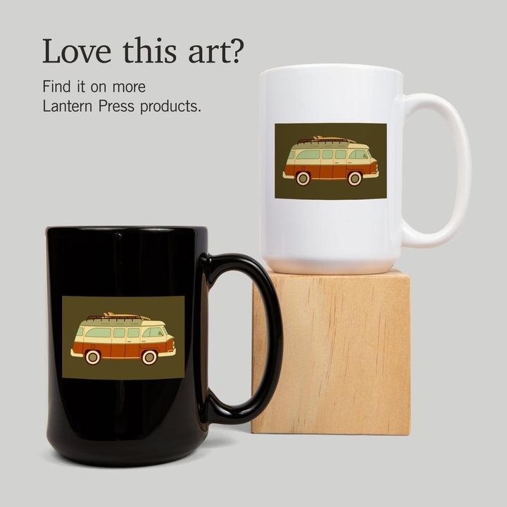 Camper Van with Surfboard, Geometric, Lantern Press Artwork, Ceramic Mug Mugs Lantern Press 