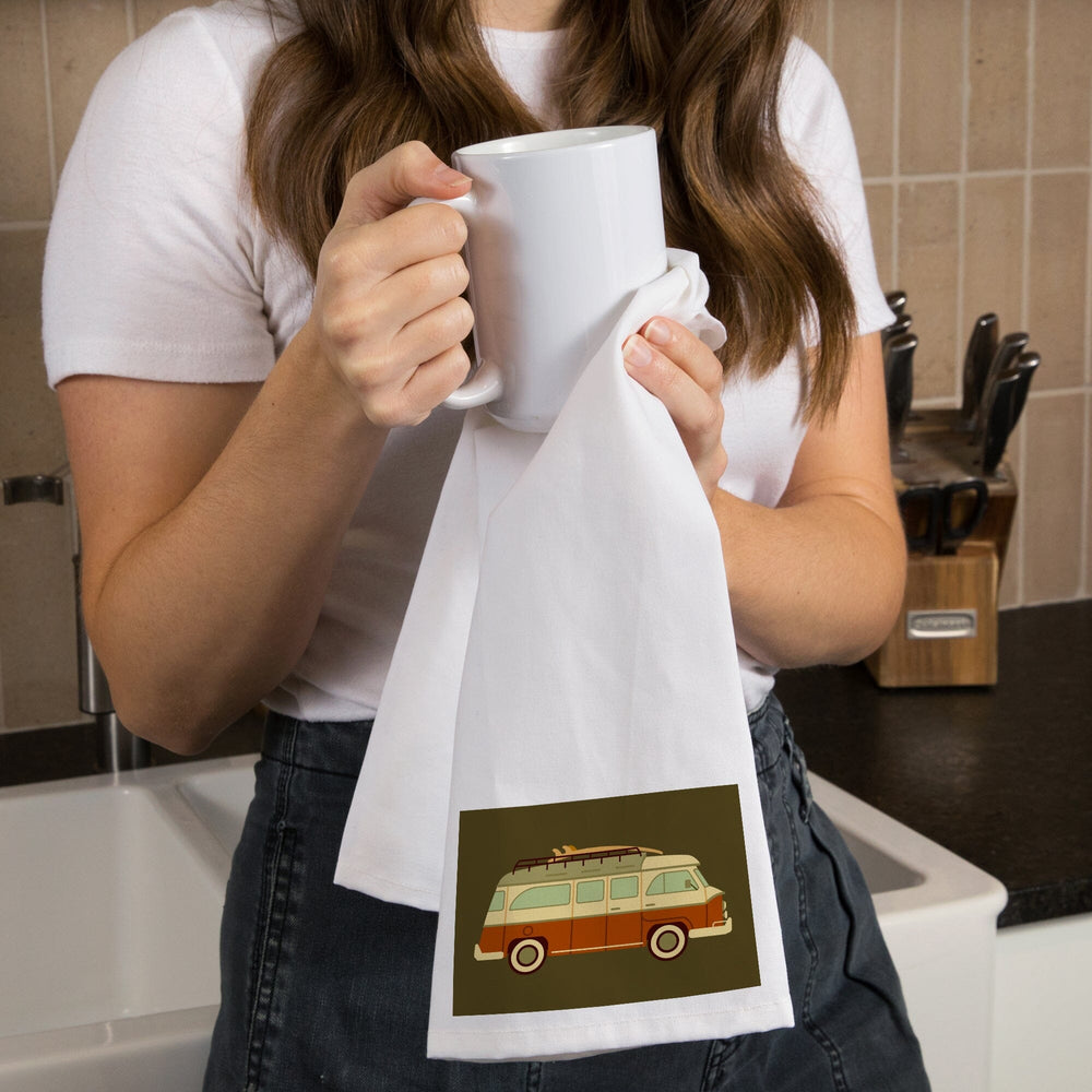 Camper Van with Surfboard, Geometric, Organic Cotton Kitchen Tea Towels Kitchen Lantern Press 