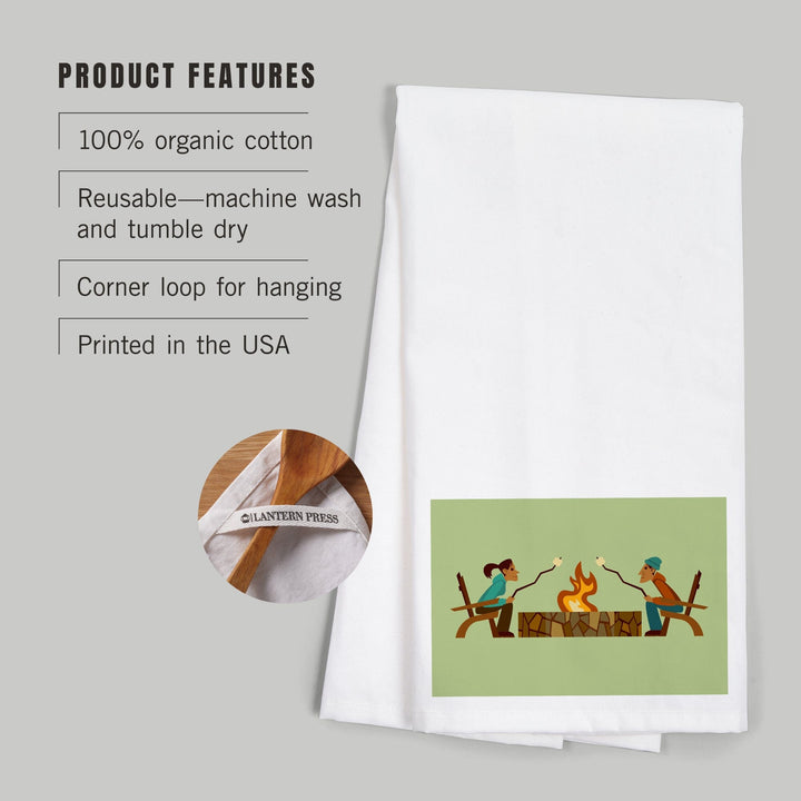 Campfire, Roasting Marshmallows, Geometric, Contour, Organic Cotton Kitchen Tea Towels Kitchen Lantern Press 