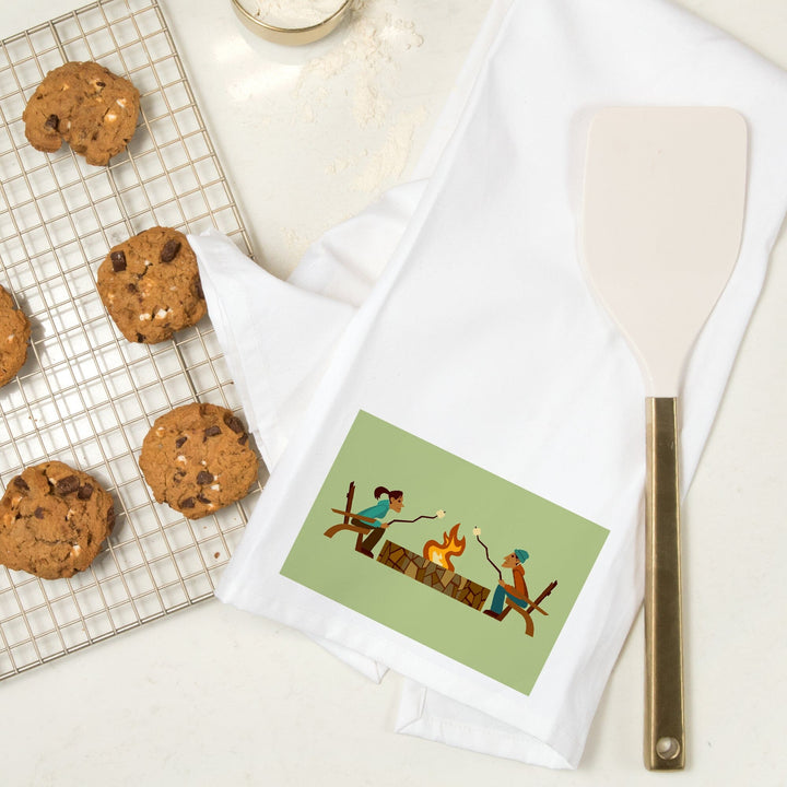 Campfire, Roasting Marshmallows, Geometric, Contour, Organic Cotton Kitchen Tea Towels Kitchen Lantern Press 