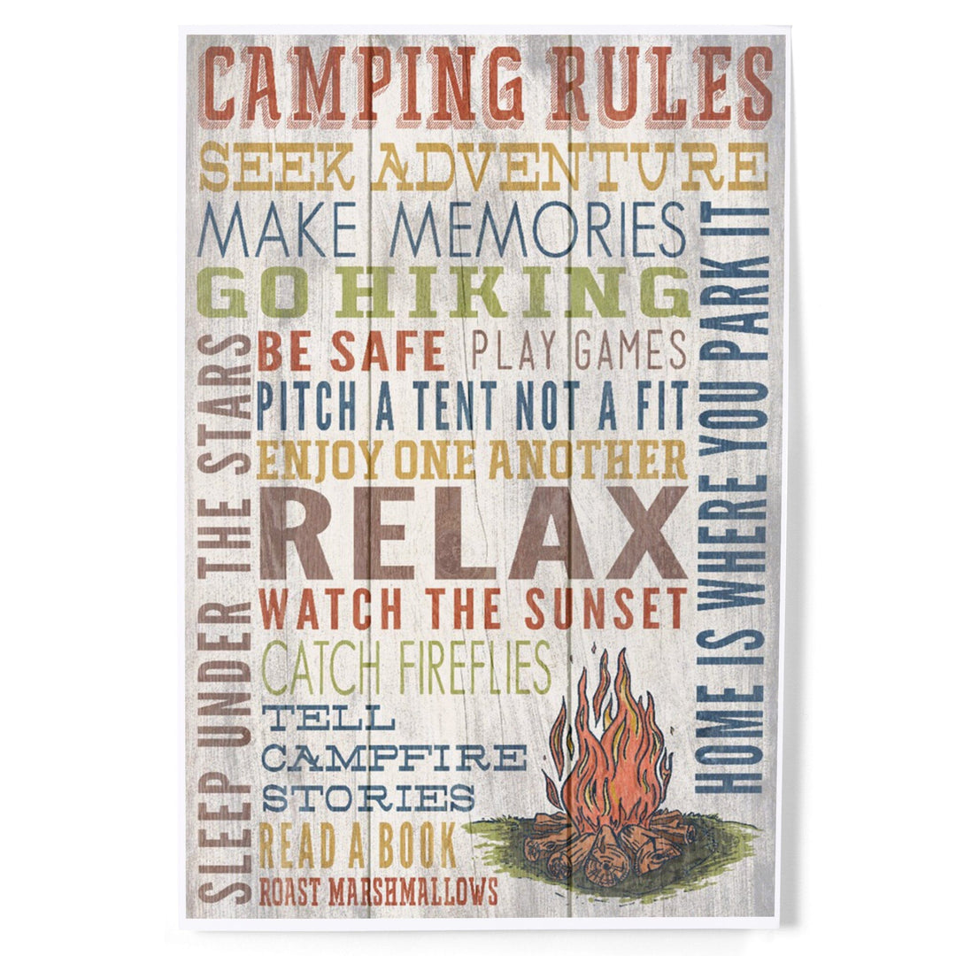 Camping Rules, Home Is Where You Park It, Rustic Typography, Art & Giclee Prints Art Lantern Press 8 x 12 Art Print 