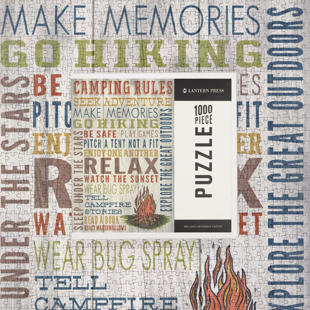 Camping Rules, Rustic Typography, Jigsaw Puzzle Puzzle Lantern Press 