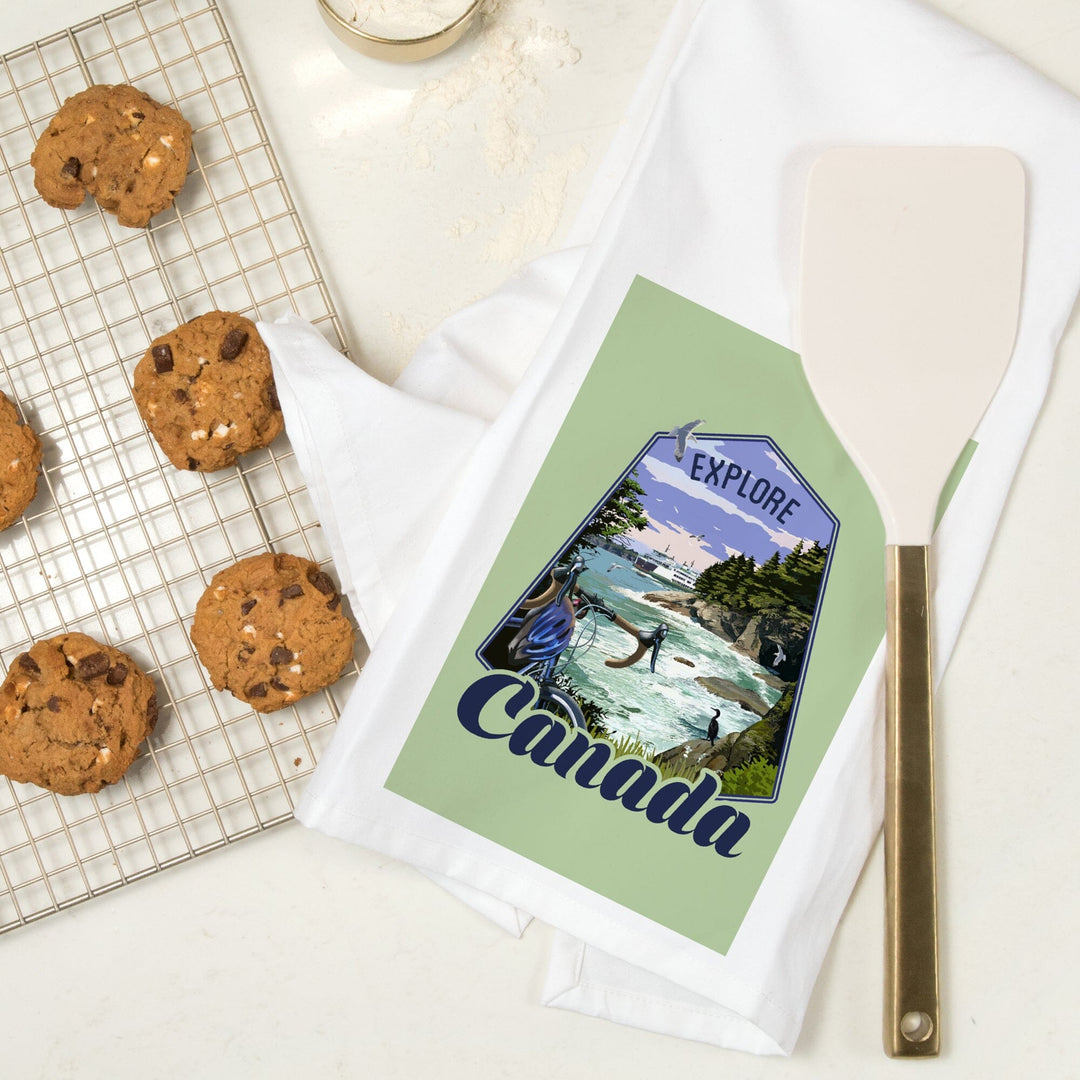 Canada, Explore, Coastal Scene, Bike and Ferry, Contour, Organic Cotton Kitchen Tea Towels - Lantern Press