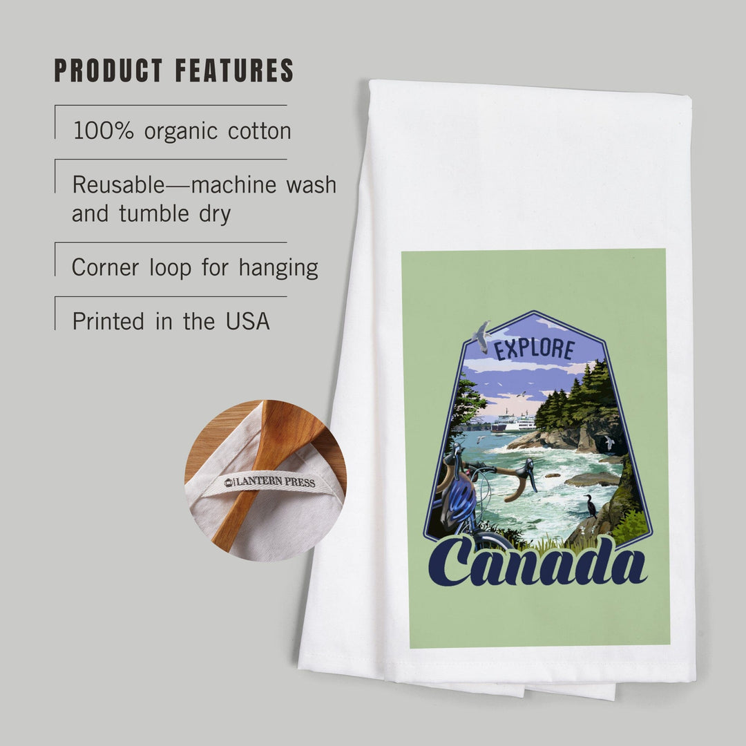 Canada, Explore, Coastal Scene, Bike and Ferry, Contour, Organic Cotton Kitchen Tea Towels Kitchen Lantern Press 