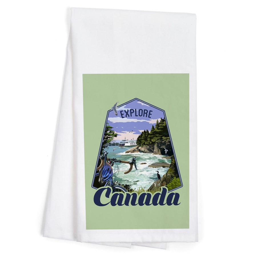 Canada, Explore, Coastal Scene, Bike and Ferry, Contour, Organic Cotton Kitchen Tea Towels Kitchen Lantern Press 