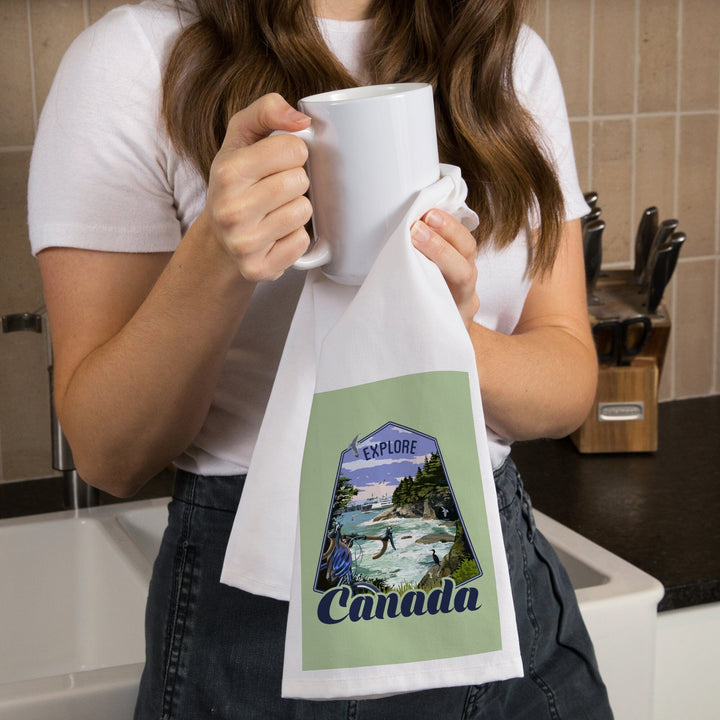 Canada, Explore, Coastal Scene, Bike and Ferry, Contour, Organic Cotton Kitchen Tea Towels - Lantern Press