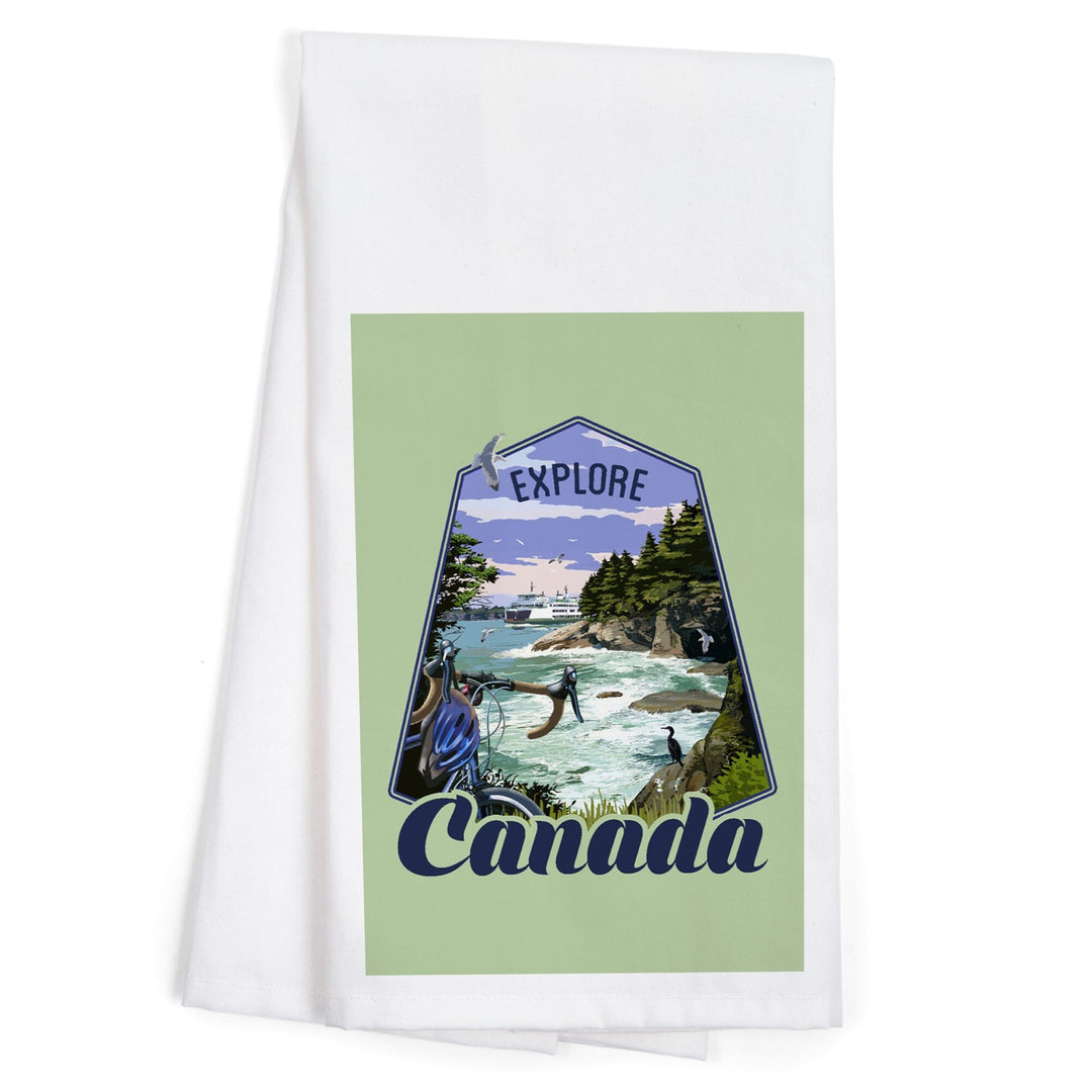 Canada, Explore, Coastal Scene, Bike and Ferry, Contour, Organic Cotton Kitchen Tea Towels - Lantern Press