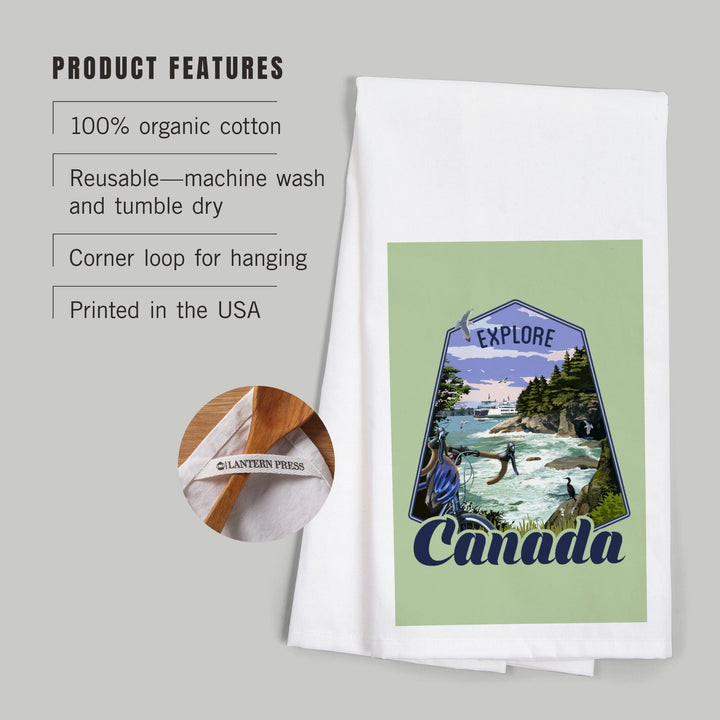 Canada, Explore, Coastal Scene, Bike and Ferry, Contour, Organic Cotton Kitchen Tea Towels - Lantern Press