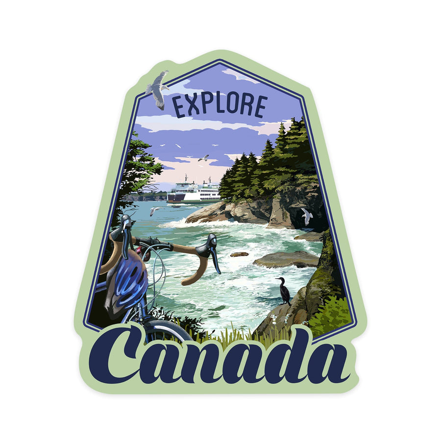 Canada, Explore, Coastal Scene, Bike & Ferry, Contour, Lantern Press Artwork, Vinyl Sticker - Lantern Press