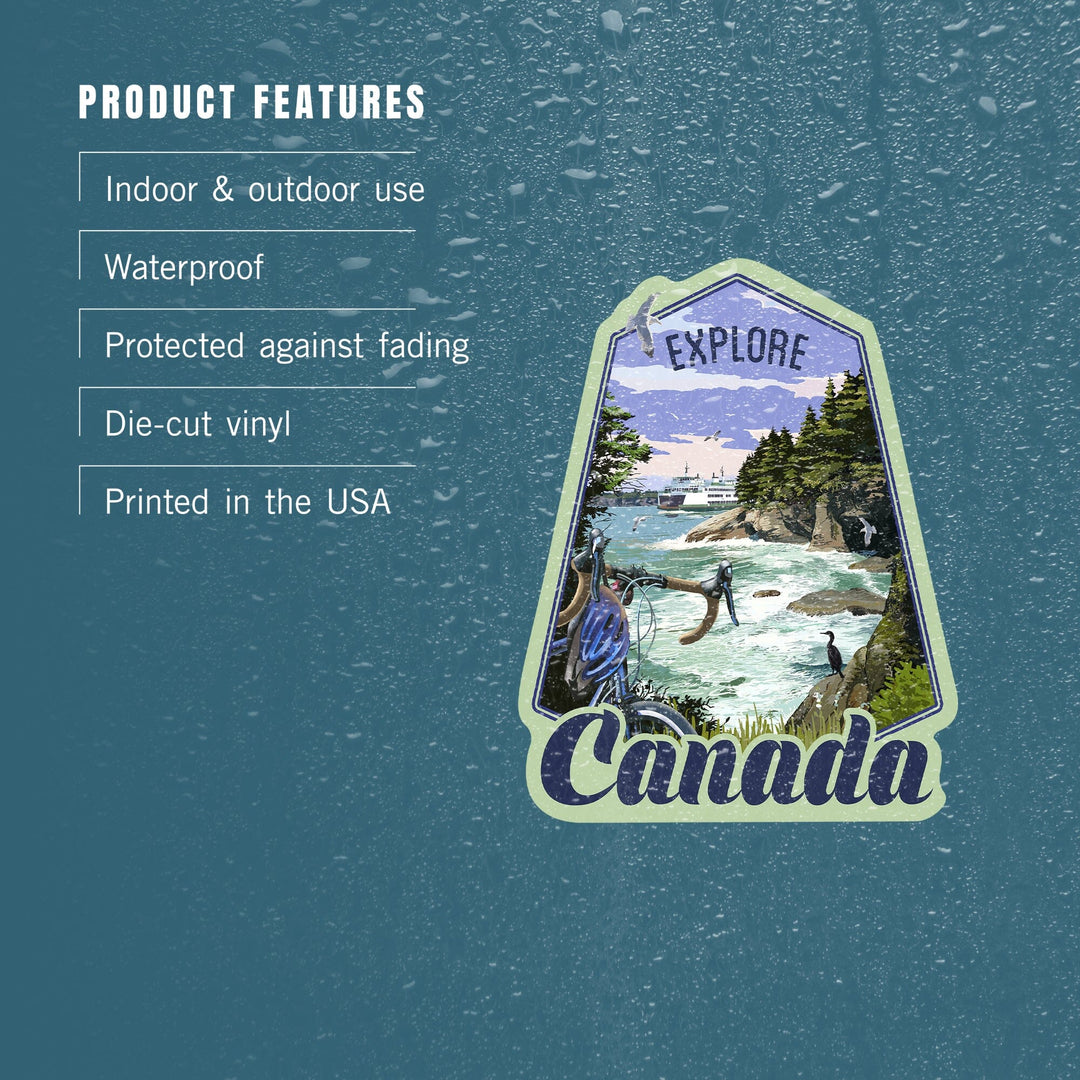 Canada, Explore, Coastal Scene, Bike & Ferry, Contour, Lantern Press Artwork, Vinyl Sticker - Lantern Press