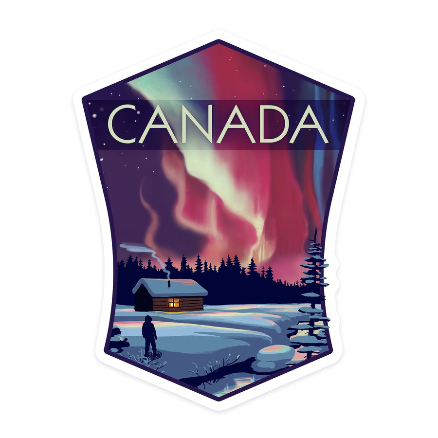 Canada, Northern Lights and Cabin, Contour, Vinyl Sticker Sticker Lantern Press 